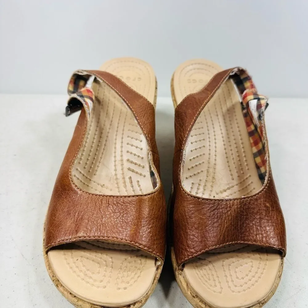 Crocs A-Leigh Brown Leather Slingback Cork Wedge Heels Sandals- Womens Size US 8